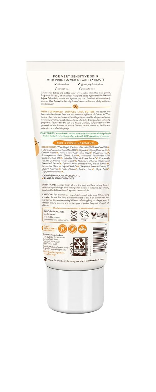 BABO Botanicals Baby Lotion - Fragrance-Free Daily Hydrating Formula with Shea Butter & Jojoba Oil | EWG Verified, Vegan, Ideal for Sensitive Skin