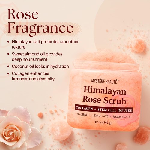 MYSTÉRE BEAUTÉ Himalayan Salt Body Scrub - Exfoliating Collagen & Rose Oil Formula (12 oz) | Reduces Cellulite, Acne & Scars
