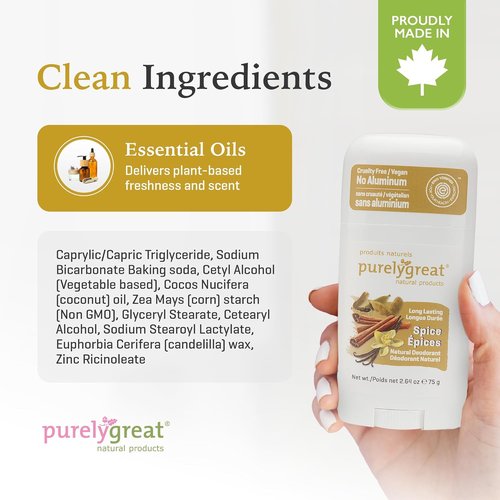 Purelygreat Natural Deodorant Stick - Spice Scented, Paraben & Aluminum Free | Travel Friendly - 2.64 oz / 75 g
