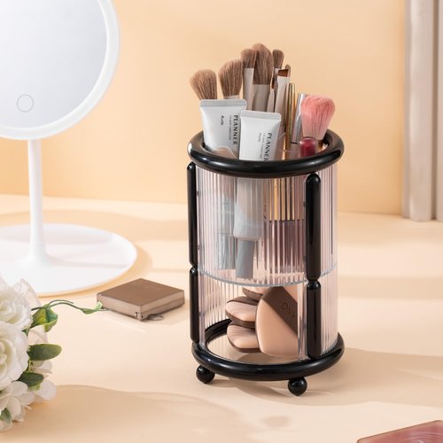 CLOKTA Makeup Brush Holder, 2 Tier Clear Cosmetic Tools Organizer, Round Makeup Organizer for Vanity Countertop (Black)