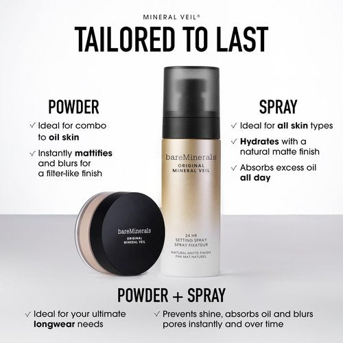 bareMinerals Original Mineral Veil Natural Matte Setting Spray, 24HR Makeup Lock & Oil Control, Alcohol-Free, Sweat & Transfer-Proof, Ultra-Fine Mist for Smooth, Matte Finish