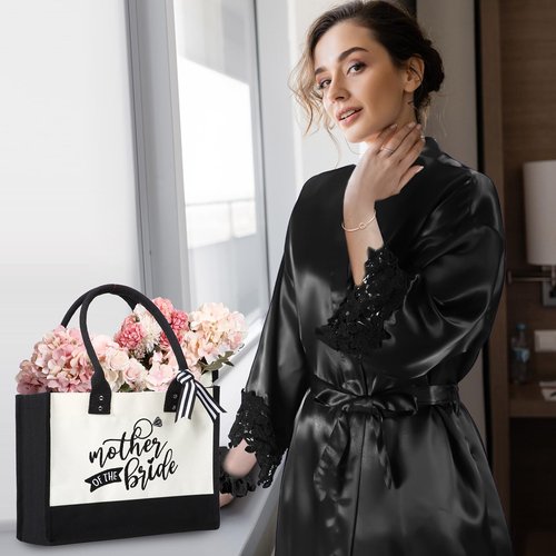 Suhine 14 Pcs Mother of The Bride and Groom Gifts Set Wedding Satin Robe Canvas Tote Bag with Makeup Bag 12 oz Tumbler Cup Small Makeup Mirror Scrunchies Knot Bracelet Wedding Gift for Mom(Black)