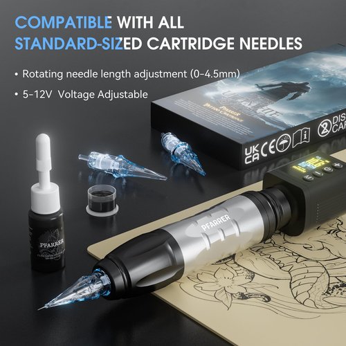 PFARRER Wireless Tattoo Gun Tattoo Kit Professional 2 Batteries Motor Digital Display Tattoo Machine with 10Pcs Tattoo Needles Tattoo Ink Tattoo Accessories PR-TKP651B-7