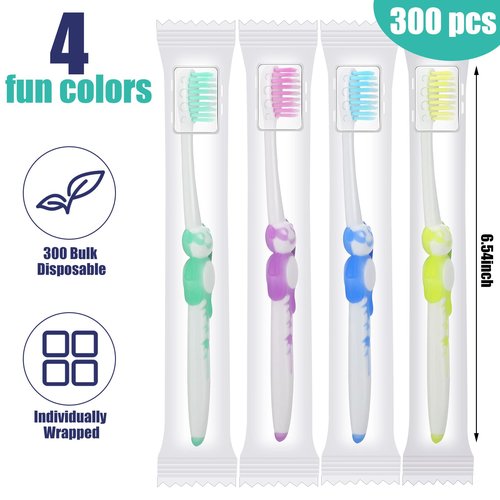 Bokon 300 Pcs Toothbrush for Kids Individually Wrapped Children Soft Disposable Manual Toothbrush Bulk Panda Travel with Bristle Rubber Handle for School Daycare Oral Hygiene