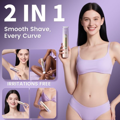 Arysn Bikini Trimmer for Women, 2 in 1 Dual Head Rechargeable Electric Shaver, Painless Pubic Hair Trimmer for Underarm Leg Arm Body Face– IPX7 Waterproof & Travel-Friendly, GoldPurple
