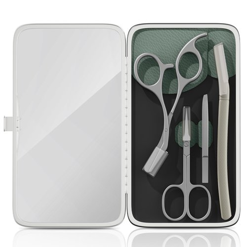 Glamne Eyebrow Trimmer Kit Scissors Tweezers Razor Facial Shaver Grooming Set with Mirror Travel Cases