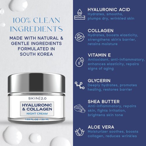 Skin 2.0 Hyaluronic & Collagen Face Moisturizer – Deep Hydration & Firming Night Cream For Dry or Dull Skin – Dermatologist Tested, Anti Aging, Korean Skin Care, Vegan, Clean Beauty – 1.69 Fl Oz