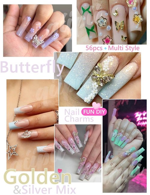 56Pcs Butterfly Nail Charms Crystals Diamonds Rhinestones, Metal 3D Alloy Light Golden Silver Butterflies Charms Shiny Gems Nails Art Decoration Supplies Accessories for Acrylic Nails DIY Manicure