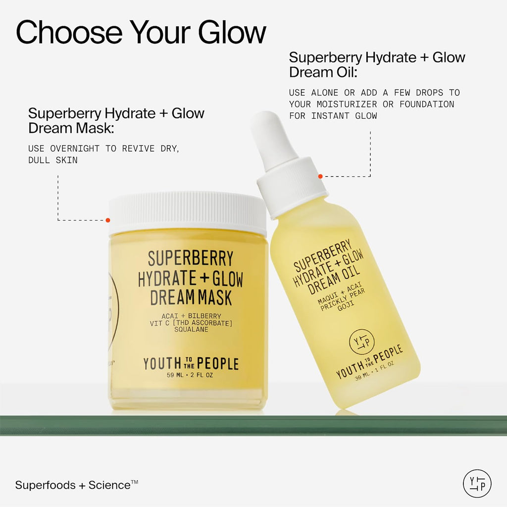 Youth To The People Superberry Hydrate + Glow Dream Mask - Overnight Facial Moisturizer with Hyaluronic Acid, Squalane & Vitamin C for Dry Skin