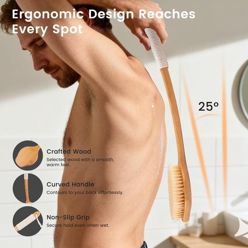Bamboo Back Scrubber for Shower with Curved Long Handle - Stiff Natural Boar Bristles for Men and Women, Deep Cleansing and Exfoliating, Anti-Slip Grip for Wet or Dry Brushing