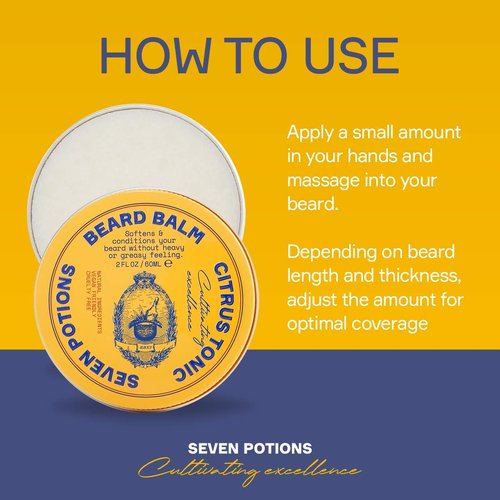 Seven Potions Beard Balm - All-Natural Conditioning Softener for Men | Nourishes Skin & Facial Hair - Citrus Tonic (2 FL OZ)