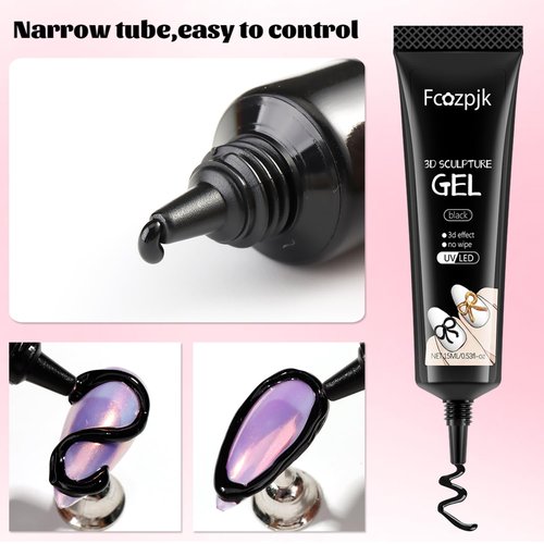Fcozpjk 3D Gel Nail Art Kit – No Wipe Black and Clear Sculpting Gel for Embossing Painting Design with Gold Silver Chrome Powder 3D Liner Gels Flowers Carving Modeling Decor Salon Supplies 15ML 2PCS