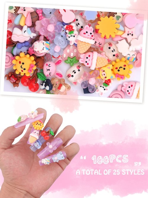 EBANKU 100 Pcs Kawaii Nail Charms, Flatback Resin Nail Charms Sweet Candy Slime Animals 3D Nail Decoration for DIY Crafts Jewelry Making