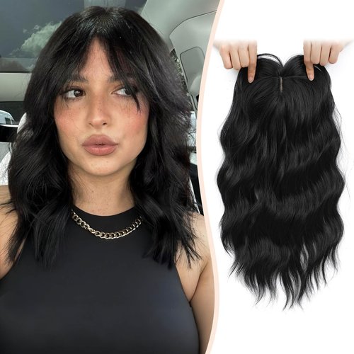 Hair Topper,Wavy Hair Toppers for Women 14inch Natural Looking Hairpiece with Wispy Bangs, Volume Booster Wiglet for Full Coverage, Quick Styling for Party/Date Night/Social/Content Creators