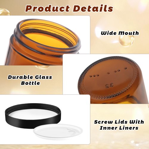 Amber Glass Jar With Lids Empty Cosmetic Jar with Inner Liners Travel Cosmetic Containers For Lotion Cream Powders Ointments And More (6, 240g/8oz)