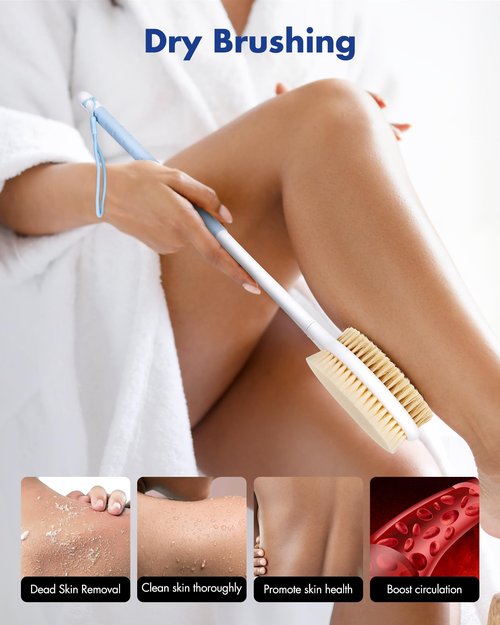Back Scrubber Body Shower Brush: Anti Slip Long Handle Bath Brush with Stiff and Soft Bristles - Showering Exfoliator Wet or Dry Brushing for Women, Men, Elderly (Blue)