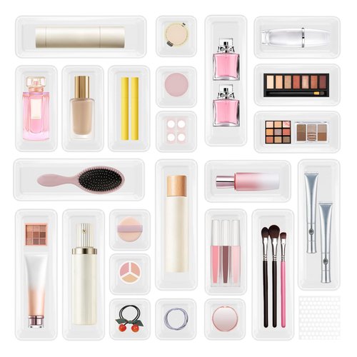 24 PCS Plastic Drawer Organizer Set, Sturdy 3-Size Makeup Vanity Desk Drawer Organizer Trays and Storage Bins for Cosmetics, Junk and Gadgets – Ideal for Bathroom, Bedroom, Office and Kitchen