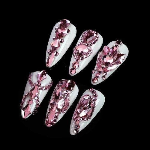 Cycullinyt 1660Pcs Pink Nail Art Rhinestones: 8 Types of Multi Shapes Diamonds + 4 Sizes Flatback DIY Crafts Rhinestone Crystals 3D Glass Stones Set + Tweezer + Pickup Pen