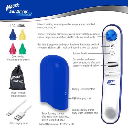 Mack's Ear Dryer PRO Rechargeable Warm Air Ear Water Drying Aid with Red Light Therapy and 3 Power Levels for Swimmers' Ears, Showering, Water Sports, Surfing, Scuba, and Hearing Aids