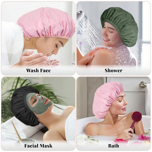 Reusable Shower Cap for Women, 3Pcs Hair Cap for Shower, Waterproof Shower Cap with Elastic Band for Long, Thick or Curly Hair