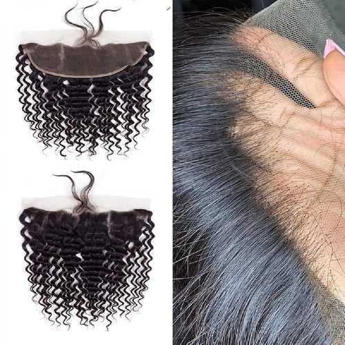 13x4 HD Lace Frontal Closure Deep Wave 16 Inch Ear To Ear Frontal Free Part Closure with Baby Hair Brazilian Virgin Curly Human Hair for Women Pre Plucked Frontals Closure Natural Black