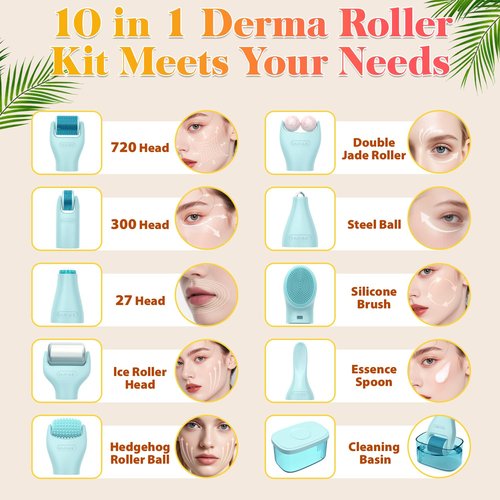 Derma Roller Set - UUPAS 10 in 1 Microneedling Roller Kit for Face, Body, Hair, Beard and Scalp - Ice Face Rollers for Women and Men with Storage Case