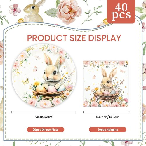 Regine Switzerland Easter Party Plates Set - 40 Pcs 9-Inch Bunny & Flower Design | Perfect for Spring Celebrations