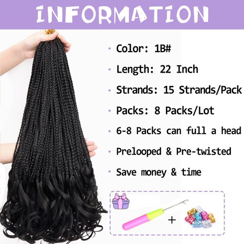 French Curl Crochet Braids 22 Inch Goddess Box Braids Crochet Hair for Women 8 Packs Pre Looped Crochet Box Braid with Curly Ends Synthetic French Curly Braiding Hair Extensions (1B#)