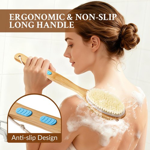 Pumzapapa Body Brush with Back Scrubber, Double-Sided Long-Handled Bath Brush with Soft and Firm Bristles for Gentle and Deep Exfoliation, Wet/Dry Use, 2 Pack