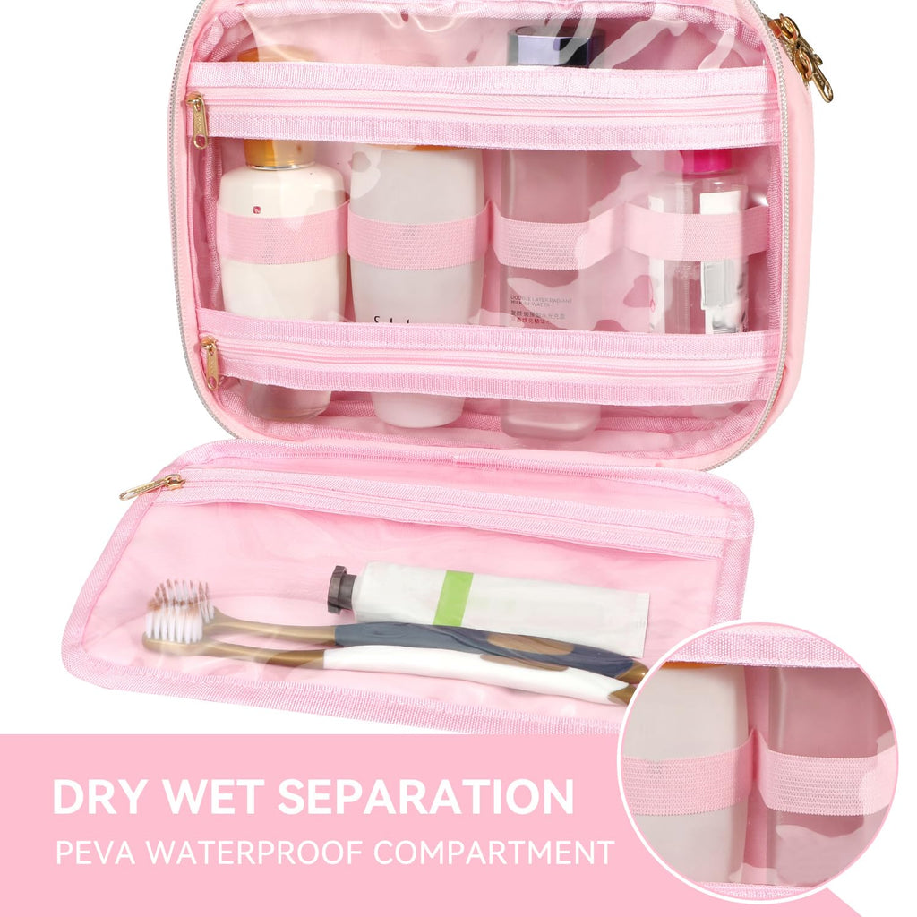 Voova Hanging Travel Toiletry Bag for Women Men, Waterproof Makeup Cosmetic Organizer Holder for Toiletries Accessories, Traveling Essentials,Shampoo,Full-Sized Container, Brushes Kit Set, Pink