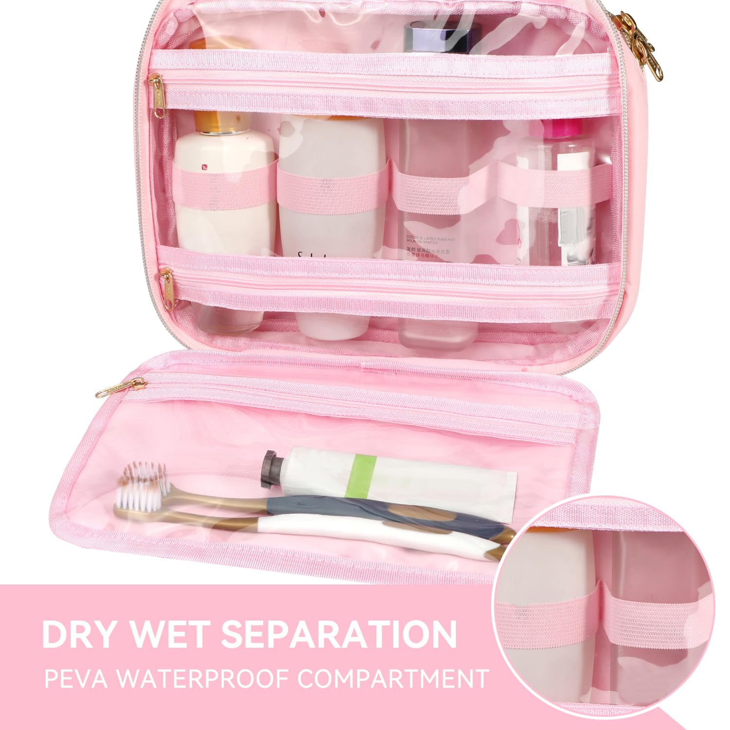 Voova Hanging Travel Toiletry Bag for Women Men, Waterproof Makeup Cosmetic Organizer Holder for Toiletries Accessories, Traveling Essentials,Shampoo,Full-Sized Container, Brushes Kit Set, Pink
