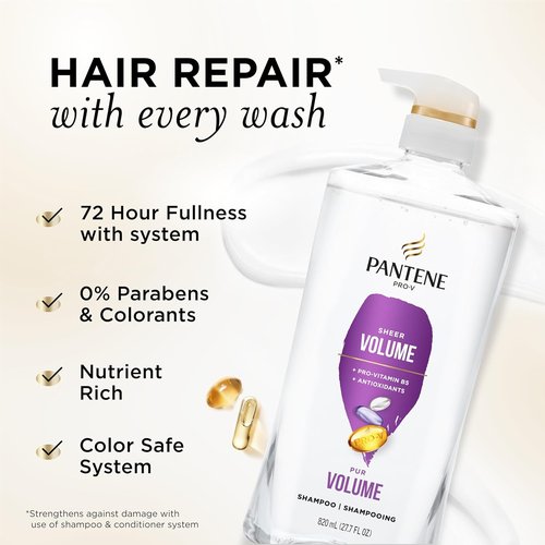 Pantene Sheer Volume Shampoo - Lightweight Nourishment for Fine, Color-Treated Hair | 27.7 Oz Each, 2-Pack + Miracle Rescue Shot (0.5 Oz)