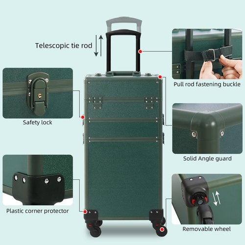 Somduy Makeup Train Case, Rolling Makeup Case, 3 in 1 Cosmetology Case on Wheels, Christmas Gift, Large Makeup Case Organizers, Profesional Cosmetic Case for Salon Barber, Green