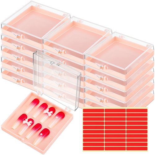 Landhoow 15 Pcs Press on Nail Storage Box with Adhesive Double Sided Tape Acrylic Artificial False Nail Packaging Display Case Organizer for Home Business Salon Supplies (Pink)