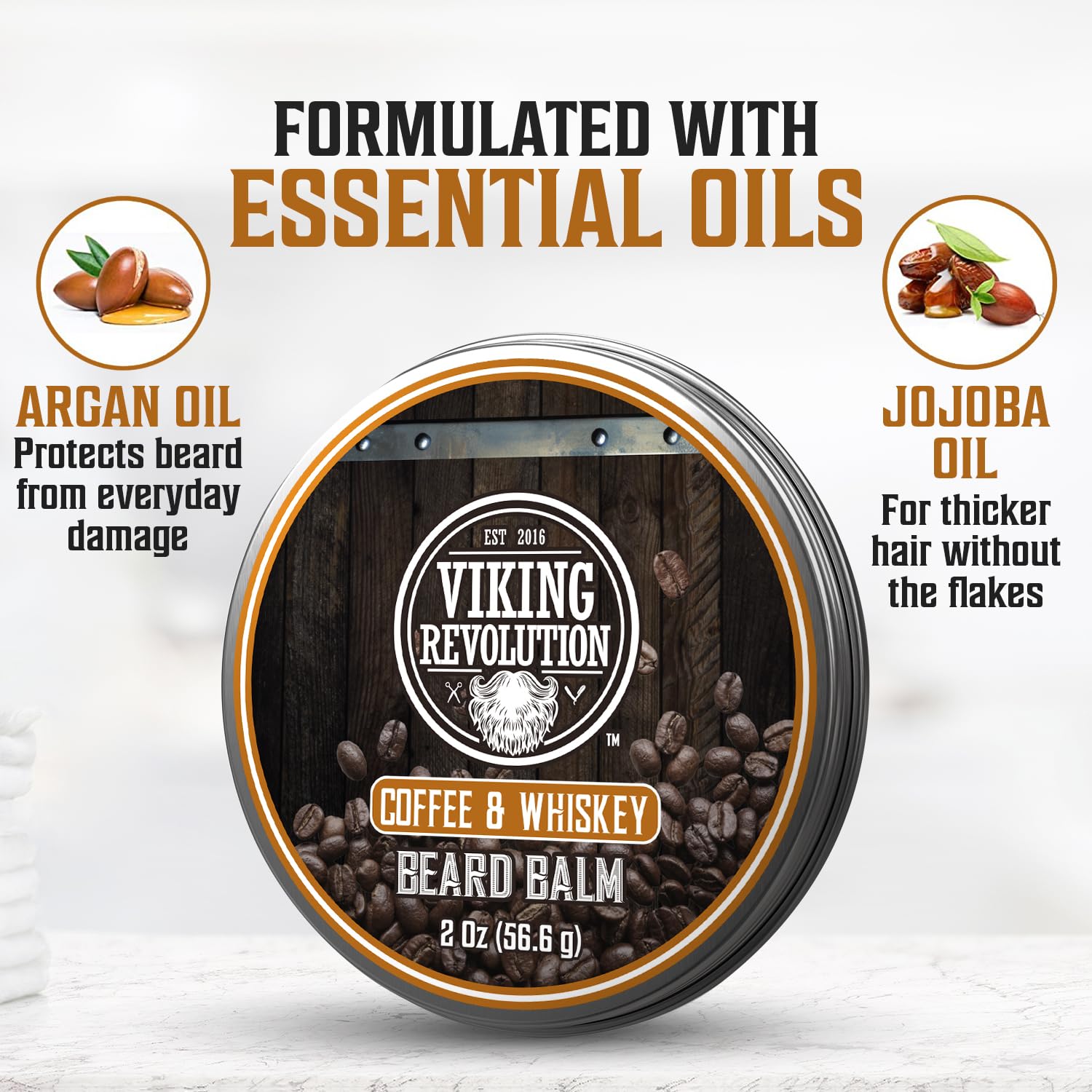 Viking Revolution Coffee Whiskey Beard Balm for Men - Beard Butter for Men with Argan Oil and Jojoba Oil Softener and Moisturizer Styling Balm (1 Pack, 2oz)