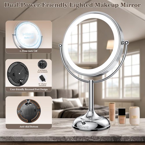 VESAUR Upgraded 11" Large 17" Tall Lighted Makeup Mirror Silver, 1X/10X Dual-Sided Magnifying with 15X Suction Mirror, 3 Color Adjustable Lights, 360° Swivel Dual Power Vanity Mirror, Gift Box