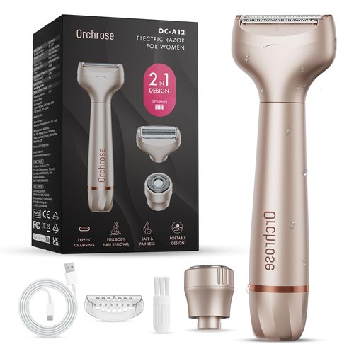 Orchrose Electric Razor for Women 2-in-1: Painless Rechargeable Shaver for Face Legs Underarms and Bikini Area – Travel Lock (Peach Gold)