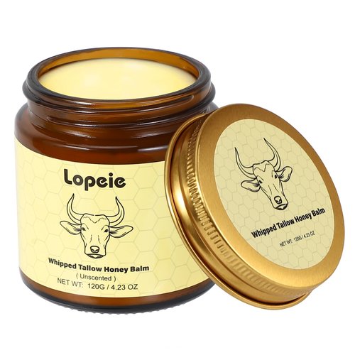 Lopeie Beef Tallow for Skin - Organic Grass Fed Whipped Moisturizer with Honey Balm, Natural Hydrating Cream for Face & Body, Relief for Dry & Sensitive Skin (4.23oz, Unscented)