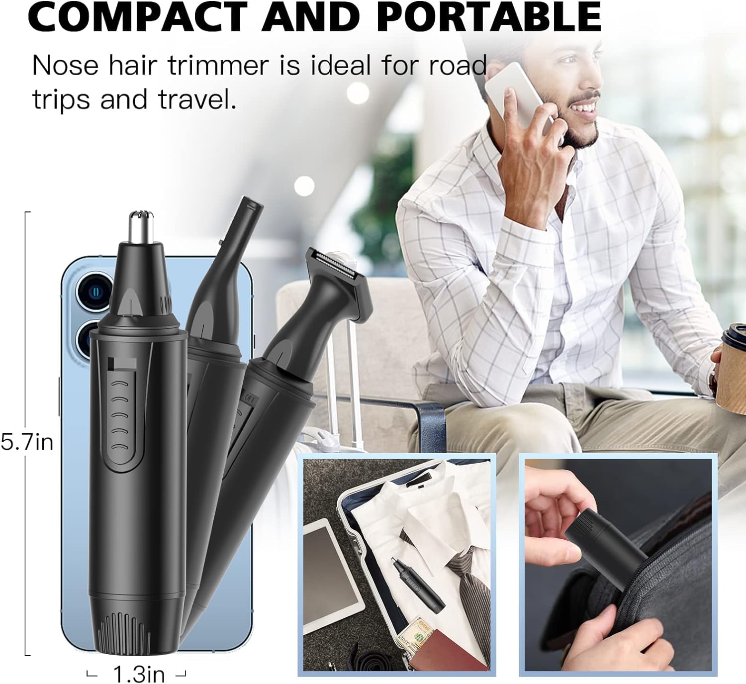 XOOMRSCP Nose Hair Trimmers for Men，Rechargeable Hair Trimmer 3 in 1 Painless Multifunctional Ear and Nose Hair Trimmer with IPX7 Waterproof Dual Edge Blades (Ink Black)