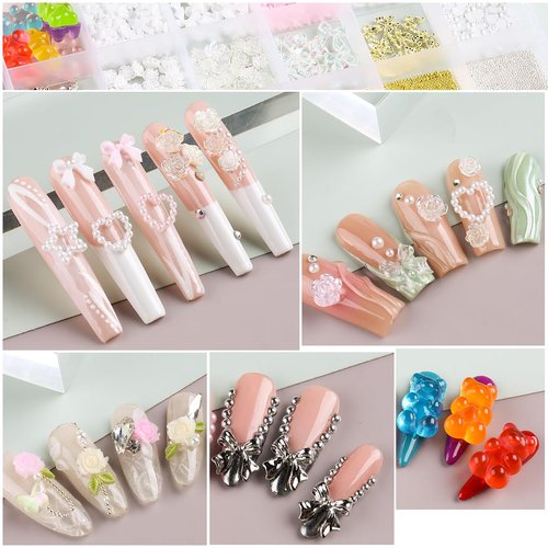 3D Nail Charms Bulk - Mix Assorted Colorful Nail Art Charms with Flowers, Hearts, Pearls, Butterflies, Bows & Crystals - Includes Pickup Tool