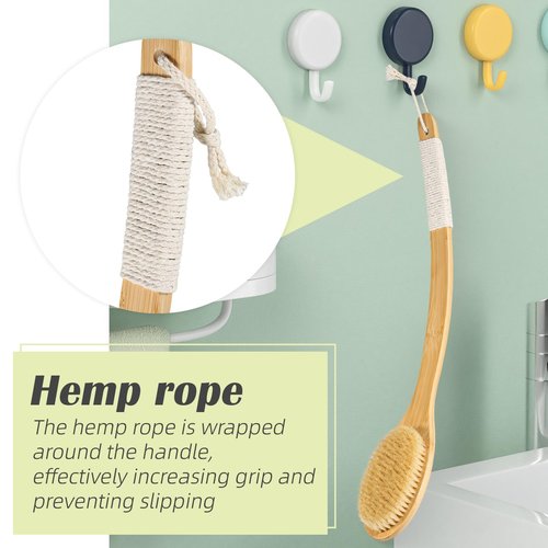 Bath Body Brush Shower, 22" Super Long Curved Bamboo Handle Antiskid Back Body Scrubber Wet/Dry Brushing, Moderately Soft Natural Bristle Body Brush for Showering