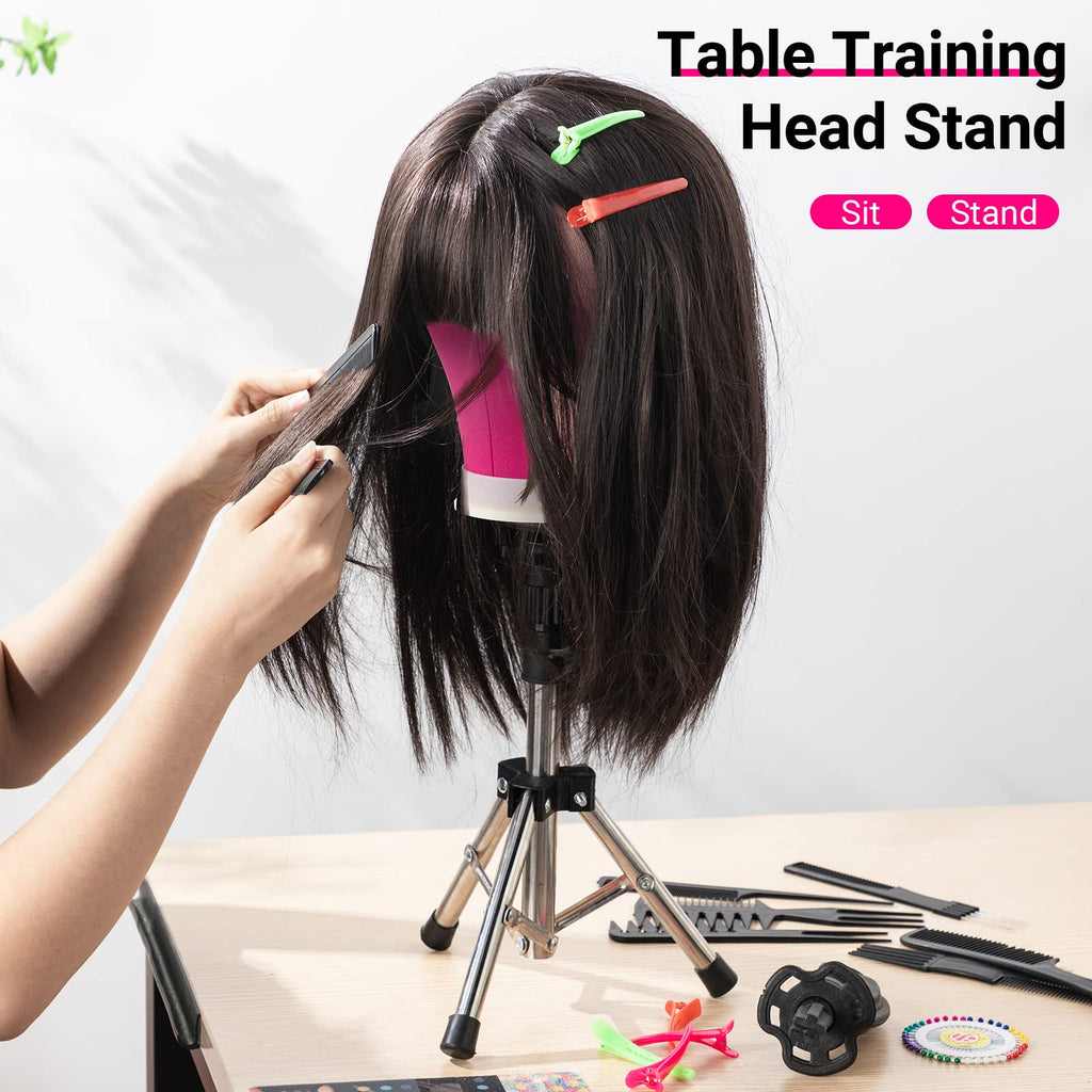 Yahenda 23 Inch Wig Cork Canvas Block Head with Mannequin Tripod Head Stand Wig Holder Stand with Pins Wigs Making Kit and Supplies Accessories for Cosplay Making Wigs Styling Display (Pink)
