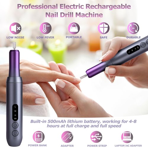EVILTO Electric Nail Files Cordless, Professional Nail Drill LCD Display With 12 Bits 30000RPM Rechargeable Manicure Pedicure EFile For Gel Nail Polish Acrylic Nails Thick Toenails Removal,Grey purple