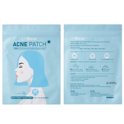 LitBear Acne Pimple Patches- Day and Night 4 Sizes 360 Dots Thin & Thick Hydrocolloid Patches with Witch Hazel, Tea Tree & Calendula Oil, Extra Adhesion Pimple Patches for Face Zit Patch Acne Dots