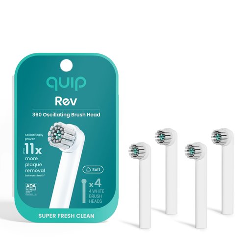 quip Rev Oscillating Electric Toothbrush Heads - 4 Pack - Verified quip Brush Head Refills for Oscillating Toothbrushes - Soft Bristles, Dual-Length, Compact - Last 3 Months Each - White
