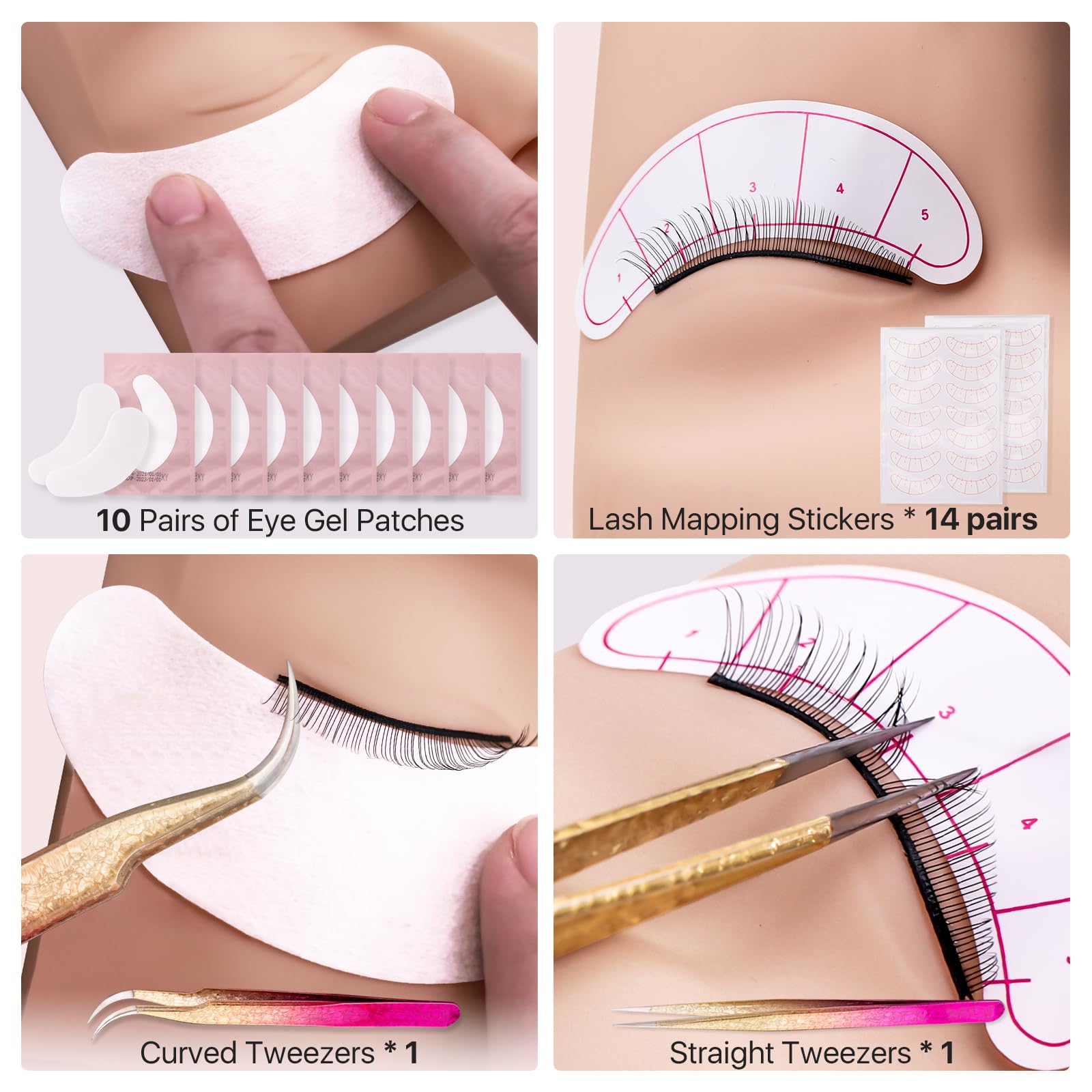 Vznffur Lash Kit for Beginners, Eyelash Extension Kit with Eye Lash Mannequin Head, Eyelash Extension Glue, Remover Cream, Tweezers for Practice Training