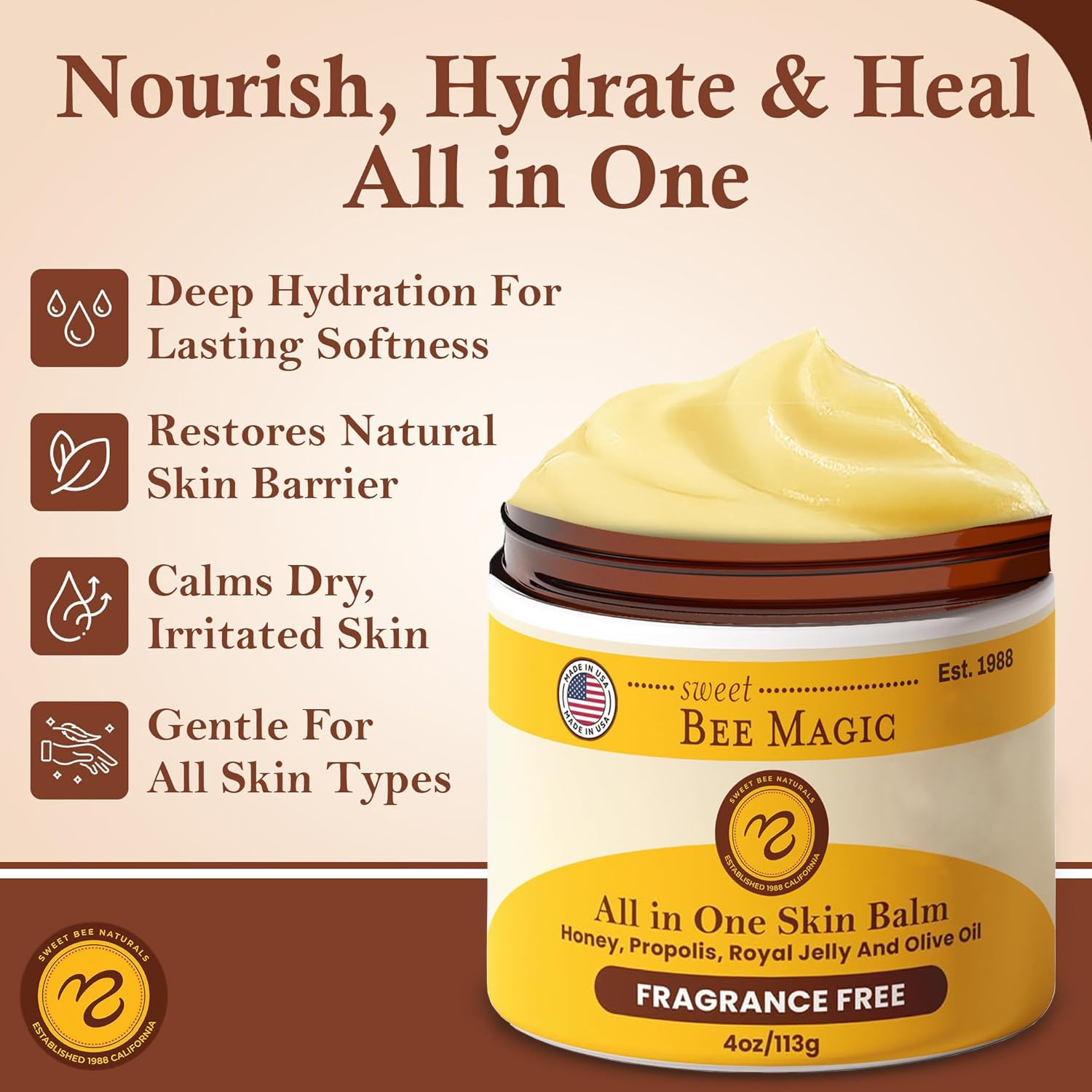 Sweet Bee Magic Organic Honey Balm - All-Natural Moisturizer for Face, Skin & Body - 4oz Jar