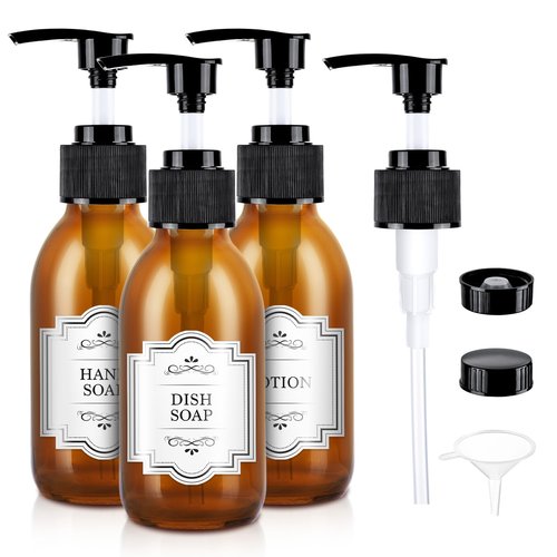 Homepicker 4 oz Amber Glass Pump Bottle, 125ml Small Lotion Dispenser Bottle for Body Massage Oil, Refillable Empty Hand and Dish Soap Dispensers Set with Storage Caps, Labels - 3 Pack