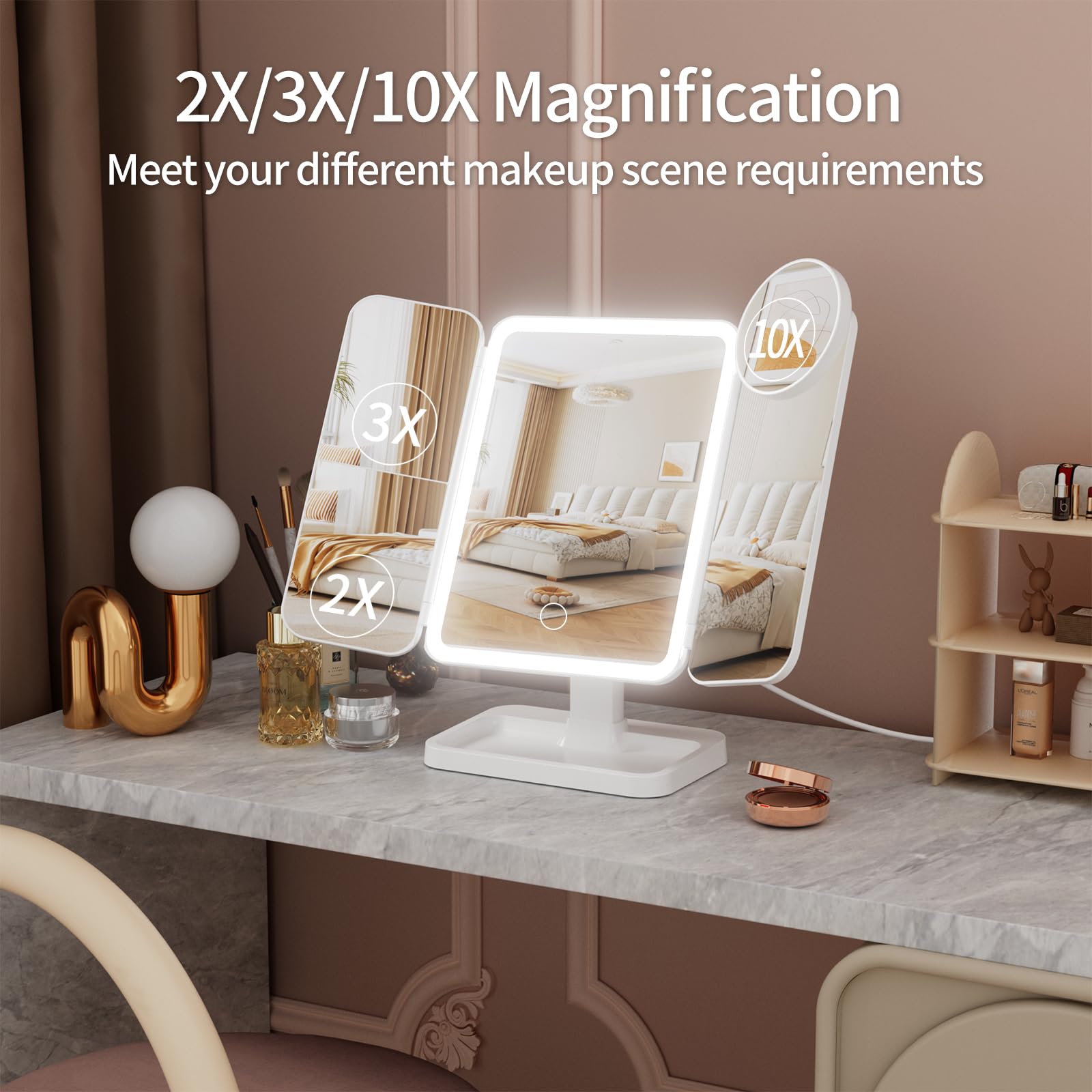 YGGPOQO Lighted Makeup Mirror with 75 LEDs, Rechargeable Vanity Mirror with 1X/2X/3X/10X Magnification, 3 Color Modes & Touch Dimming, Portable Folding Mirror for Travel Desk, Gifts for Women & Girls