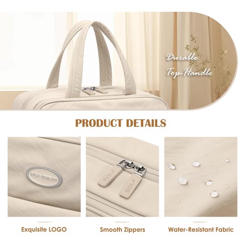 GOLF QUALITY Travel Toiletry Bag with Jewelry Organizer,Hanging Toiletry Bag Carry-on Puffy Cosmetic Make up Bag Organizer for Travel Accessories,Essentials,Toiletries,Apricot